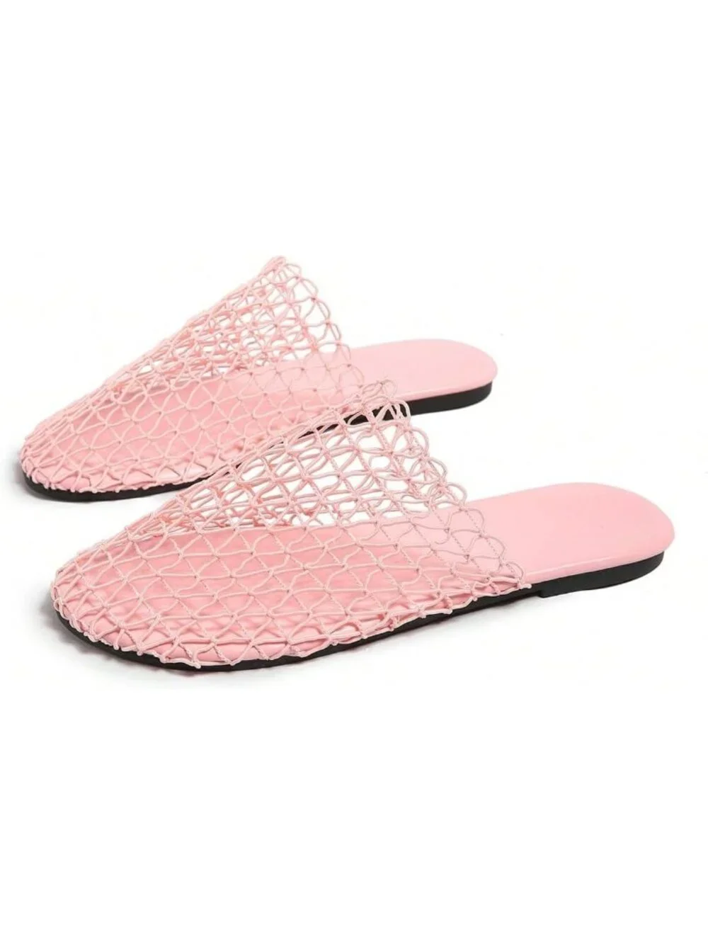 Women's Pink Summer Fishnet Mesh Through Hollow Out Slip On Slides Flat Sandals